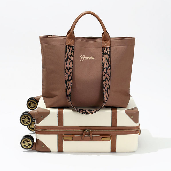 Monogrammed Ranch tote on top of suitcase name option