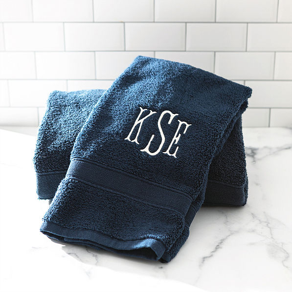 navy hand towel on counter