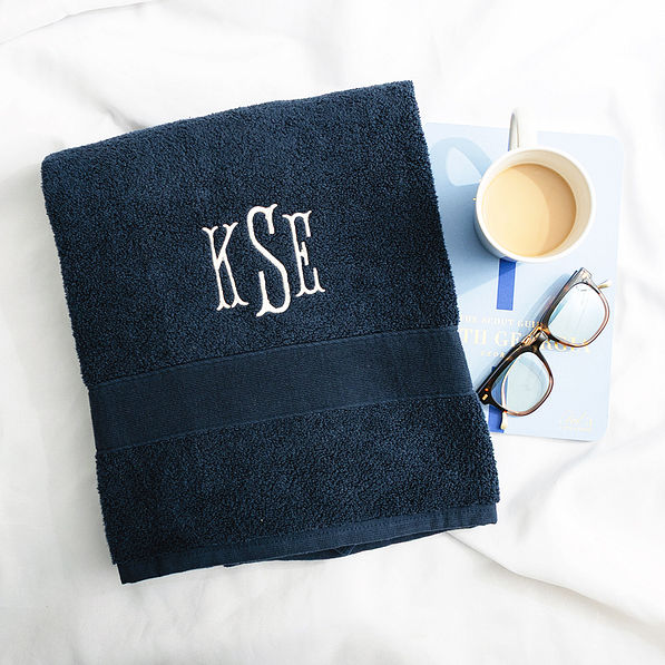 navy bath towel flatlay