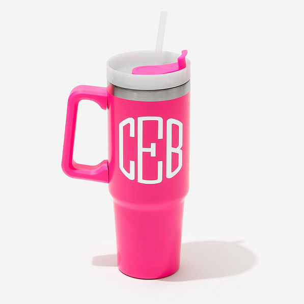 monogrammed travel tumbler in hot pink 30 oz