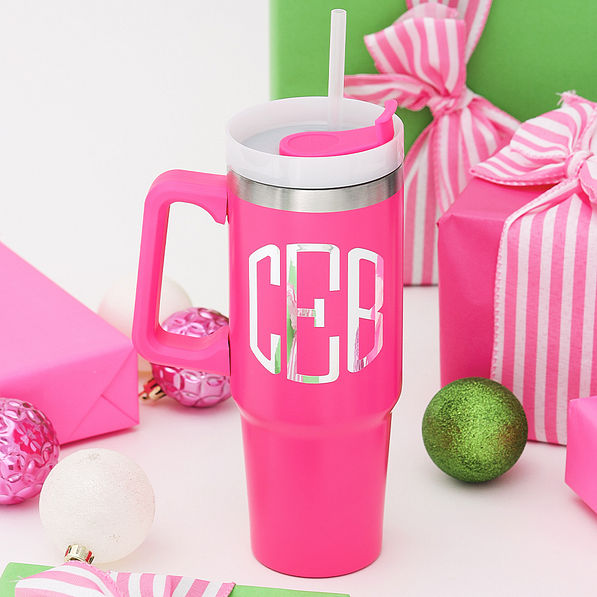 hot pink personalized travel tumbler with christmas presents