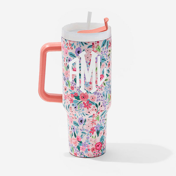 monogrammed 40oz travel tumbler in coral floral updated new