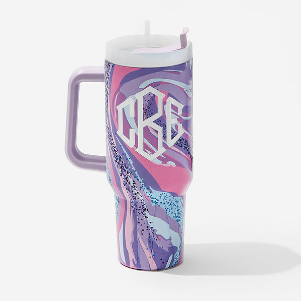 Monogrammed Travel Tumbler in purple marble 40oz