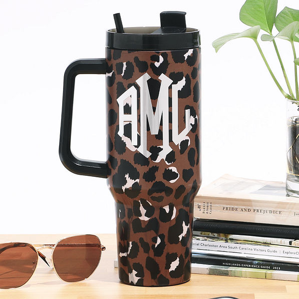 personalized travel tumbler in cheetah with plants