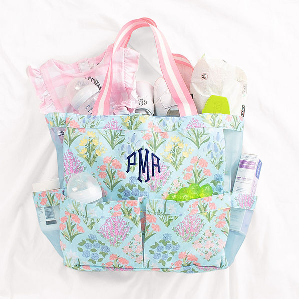 large caddy in floral lattice as diaper bag