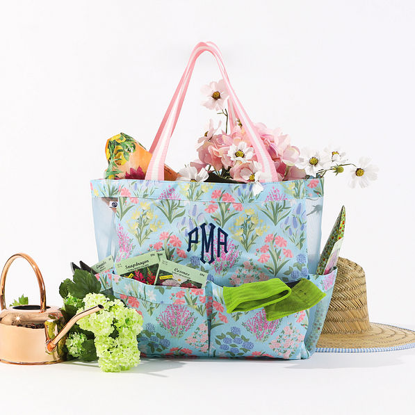 monogrammed large caddy with gardening tools