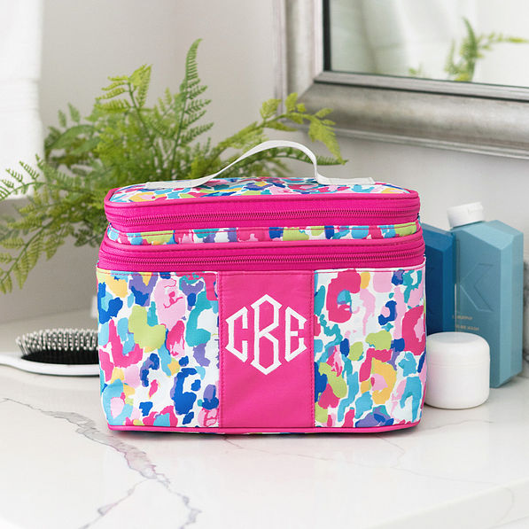 watercolor cheetah train case on counter