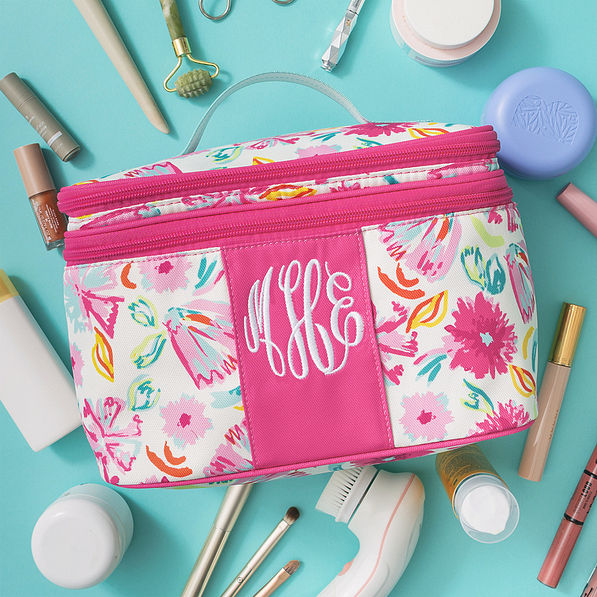 personalized train case in painted petals with skincare