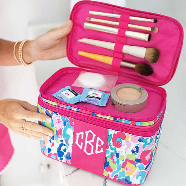 watercolor cheetah train case open with brushes