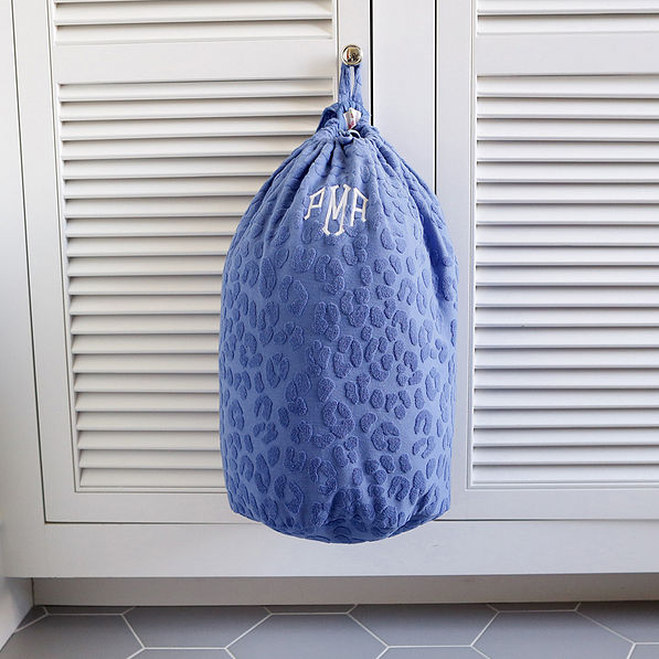 Hanging Monogrammed Laundry Bag in Cornflower Leopard