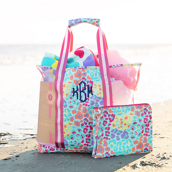 Monogrammed Mesh Beach Bag with Wristlet