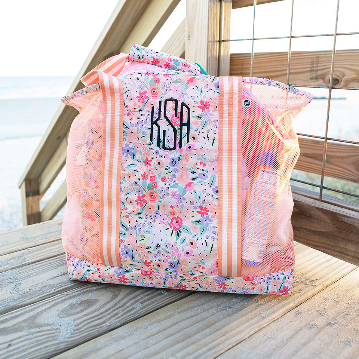 Monogrammed Mesh Beach Bag with Wristlet