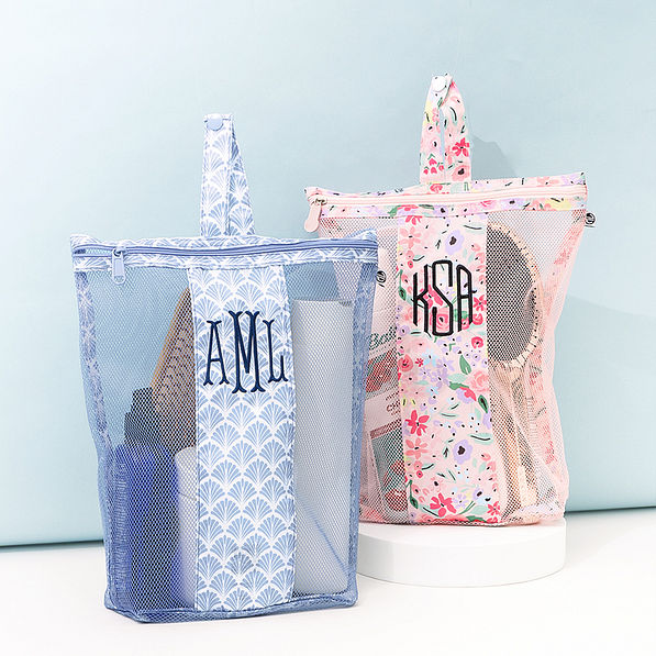 blue shells and coral floral monogrammed shower bags
