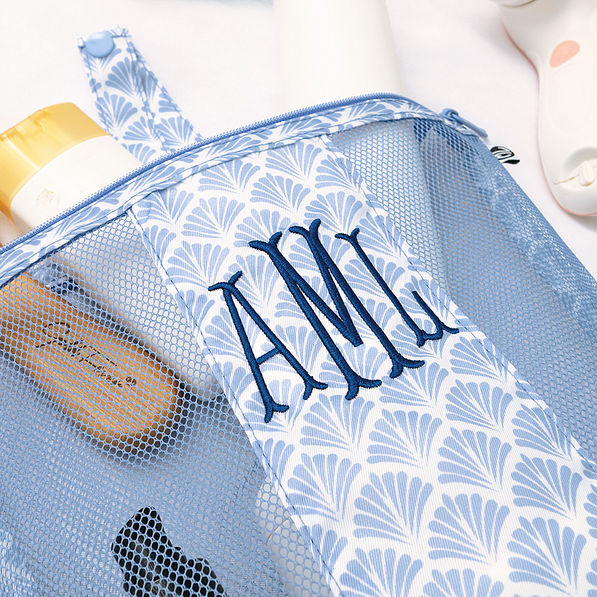 close up of personalized blue shells shower bag