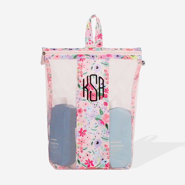 monogrammed shower bag in coral floral