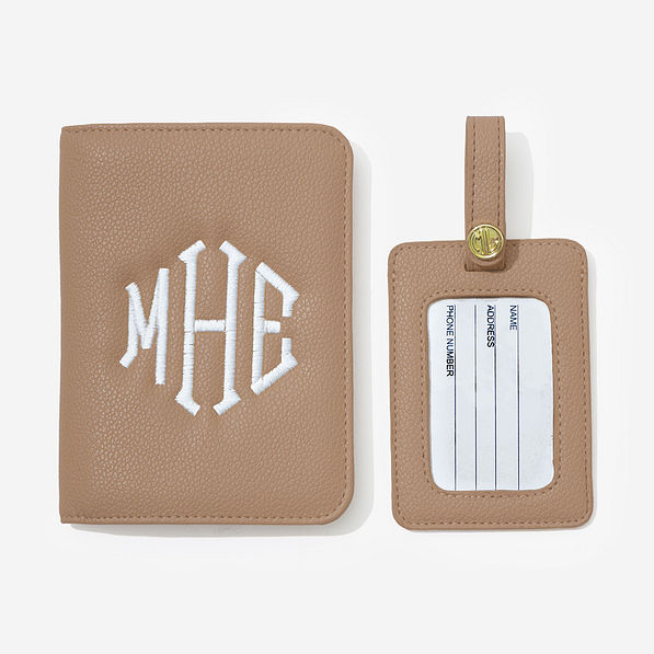 Monogrammed travel set in taupe