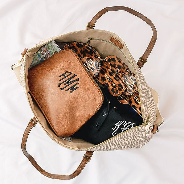 inside of monogrammed khaki pebbles weekender