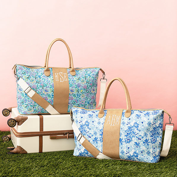 pastel flora trellis and blue botanical charleston weekender with vintage suitcase