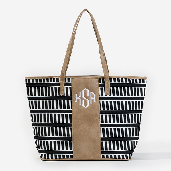 Monogrammed Canvas Tote Bag in Black Stripes