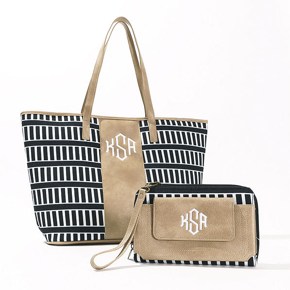 black stripes canvas tote bag with phone wallet wristlet