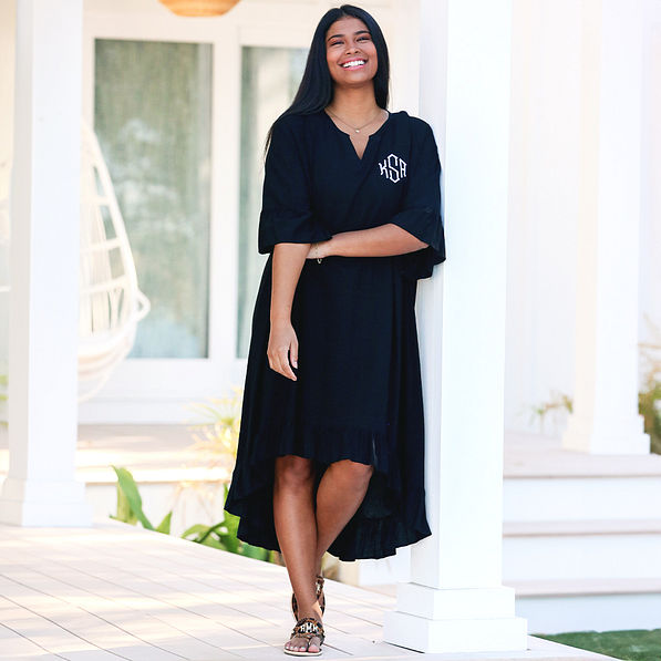 personalized black ruffle high low cover up with leopard flip flops