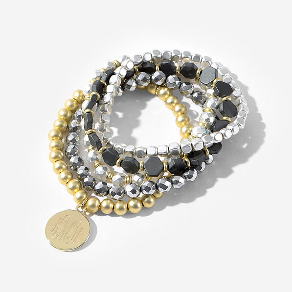 Monogrammed Multi Metallic Bracelet Set with Gold and silver beads