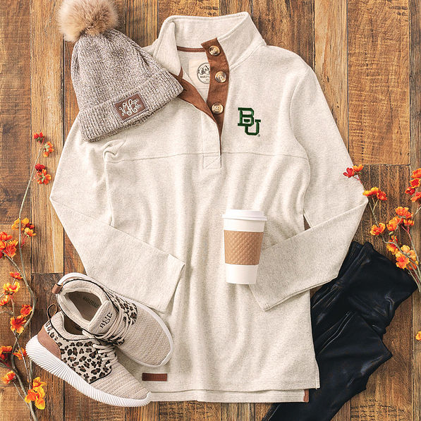 Baylor embroidered popover in oatmeal styled with sneakers and beanie