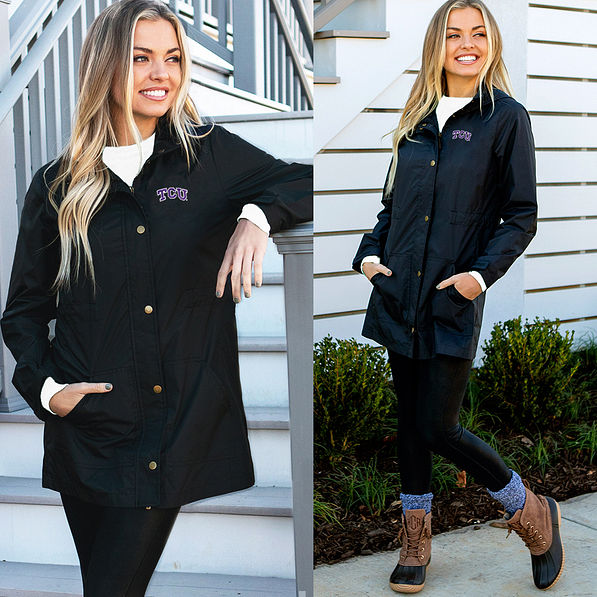 girl wearing Texas Christian University TCU Khaki Rain Jacket