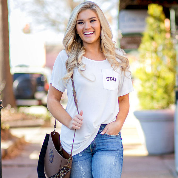 TCU Boyfriend T-Shirt with jeans and purse