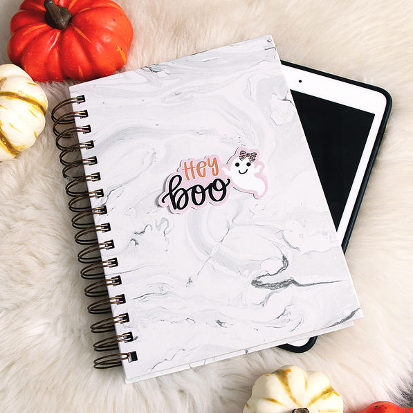 Hey Boo Sticker on Marble Notebook with Pumpkins