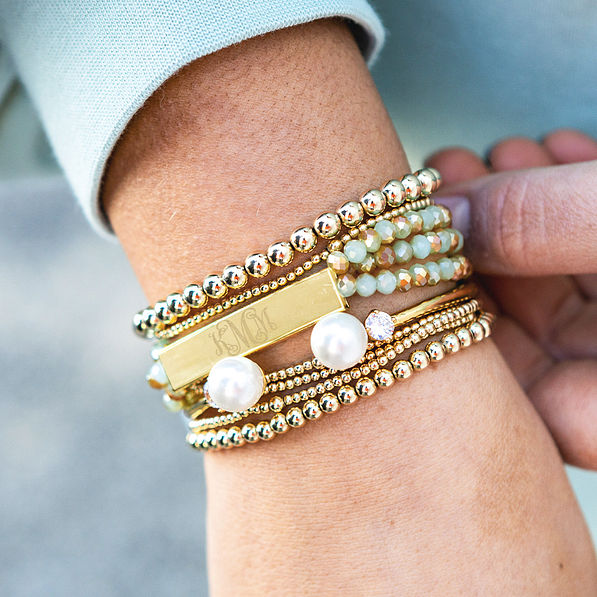 turquoise beaded bar bracelet on arm