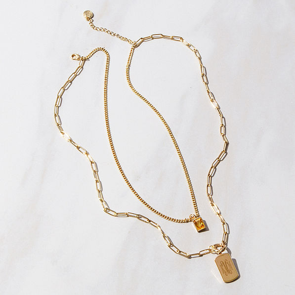 full view of monogrammed tag necklace
