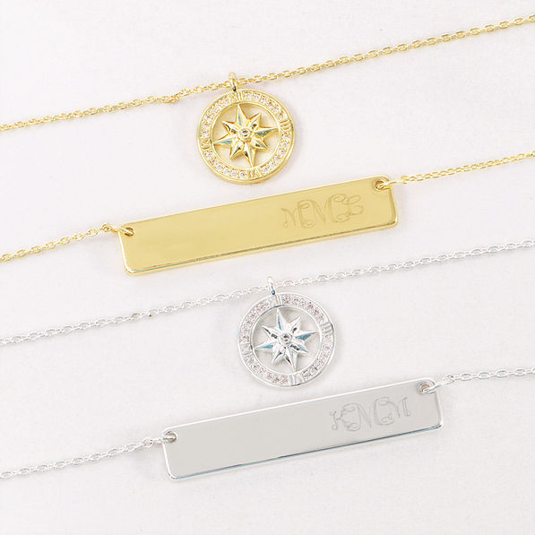monogrammed compass bar necklace in gold and silver