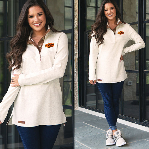 Oklahoma State Cowboys oatmeal monogrammed button pullover with jeans and sneakers