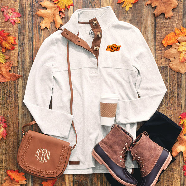 Oklahoma State Cowboys oatmeal monogrammed popover with leopard sneakers