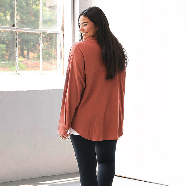 back view of pumpkin waffle button down