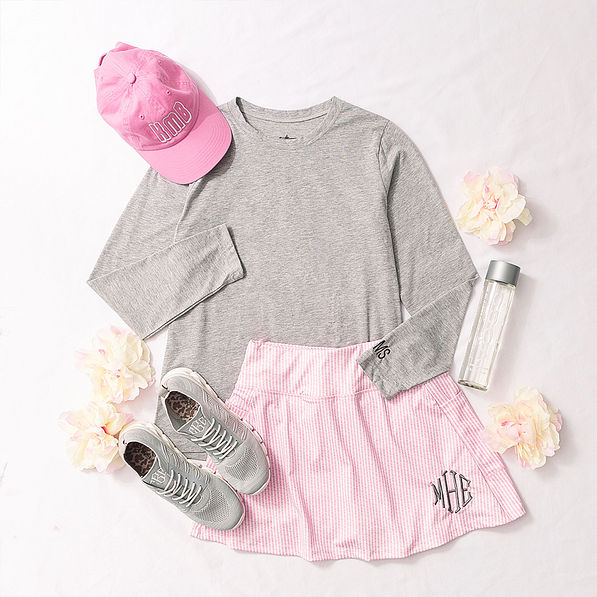 pink seersucker skort flatlay ootd