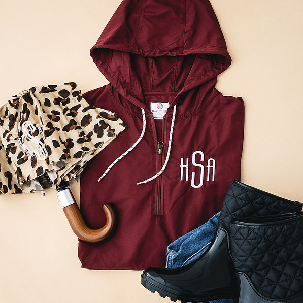 crimson pullover monogrammed rain jacket ootd with umbrella