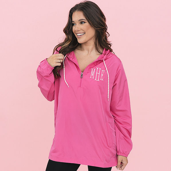 girl wearing personalized hot pink pullover rain jacket