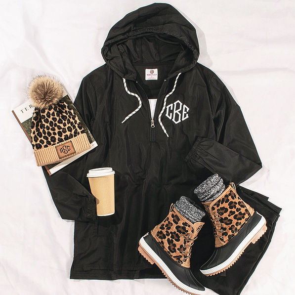 monogrammed black pullover windbreaker ootd with duck boots