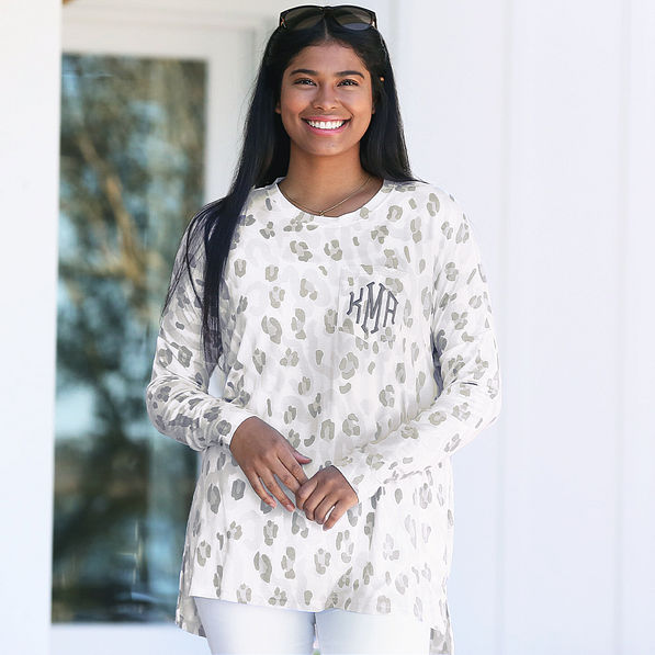 close up of monogrammed gray sassy leopard spots tunic