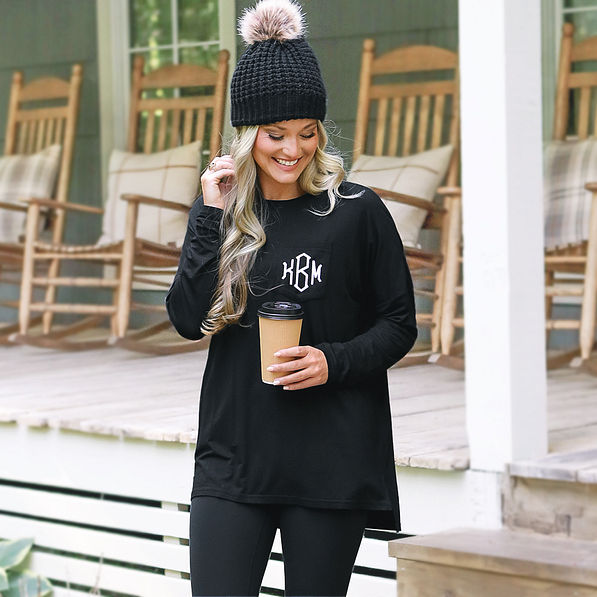 black monogrammed tunic shirt with beanie