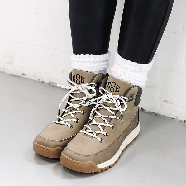 brown hiking boots with white socks