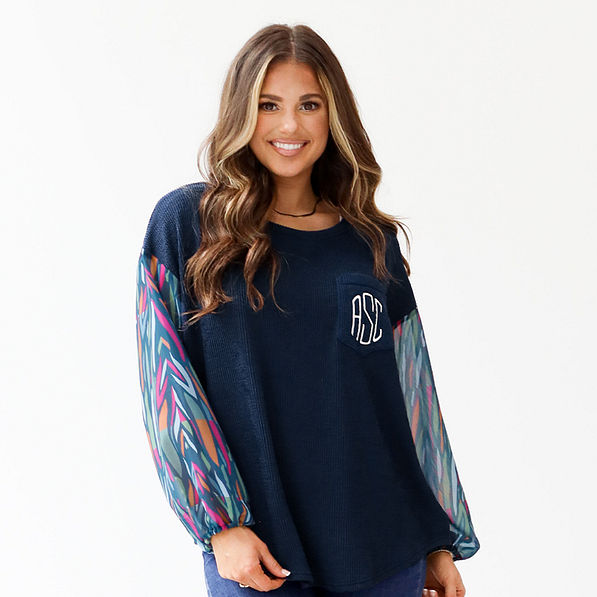 monogrammed puff sleeve top in navy safari