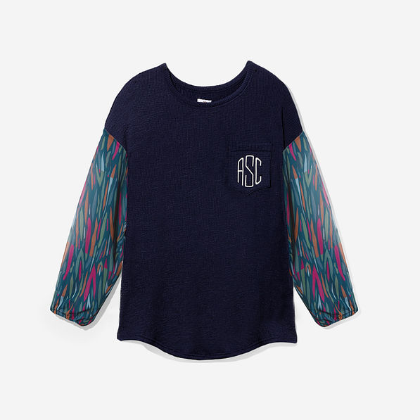 monogrammed puff sleeve top in navy safari