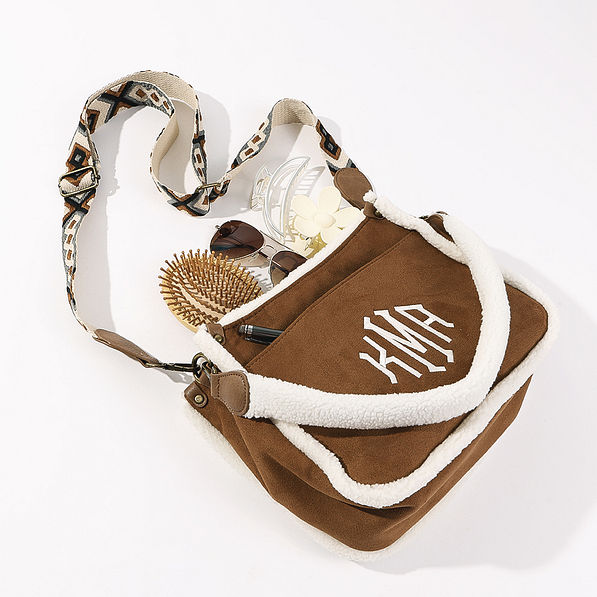 personalized suede brown sherpa crossbody with accessories