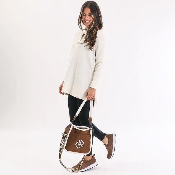 personalized suede crossbody with aztec strap and handles