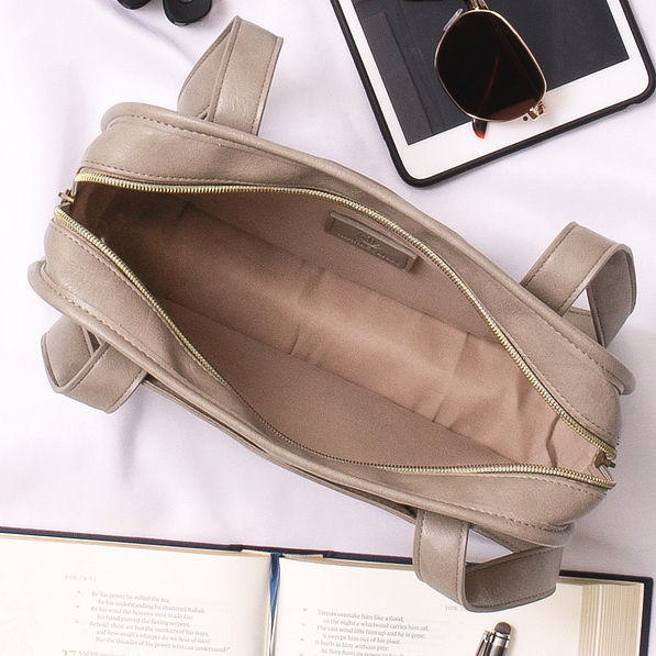 inside of taupe grey bible tote bag
