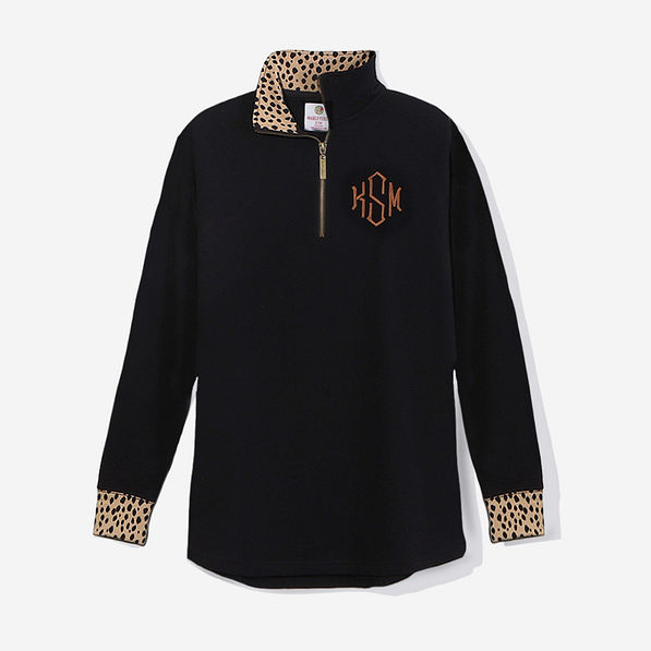 Monogrammed Quarter Zip Sweatshirt in Black Hickory Leopard