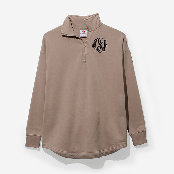 Monogrammed Quarter Zip Sweatshirt in Taupe